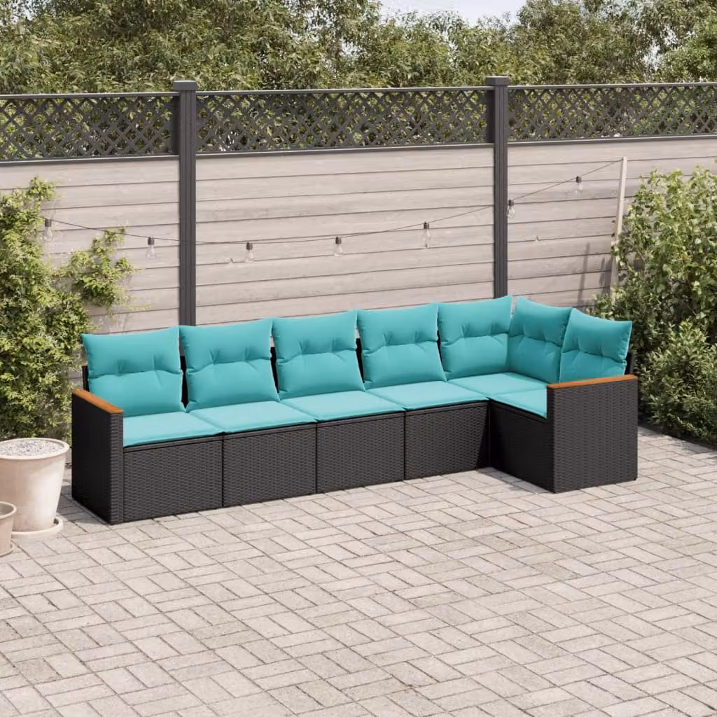 Set di divani da giardino vidaXL in rattan con cuscini, composizione a L con elementi angolari e divani a 2 posti, colore nero, blu o turchese