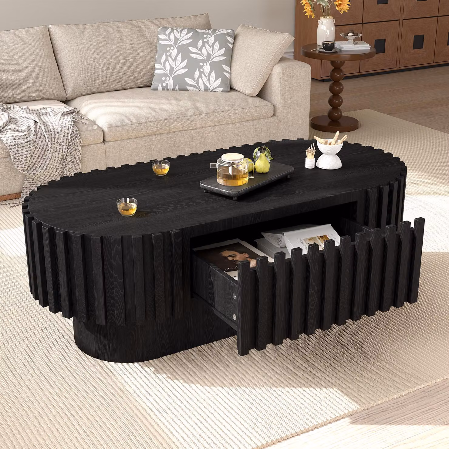 Tavolino ovale Merax con 1 cassetto, tavolino da divano/tavolino ausiliario in MDF con spazio contenitivo, tavolino da soggiorno con decorazioni a righe verticali, colore nero