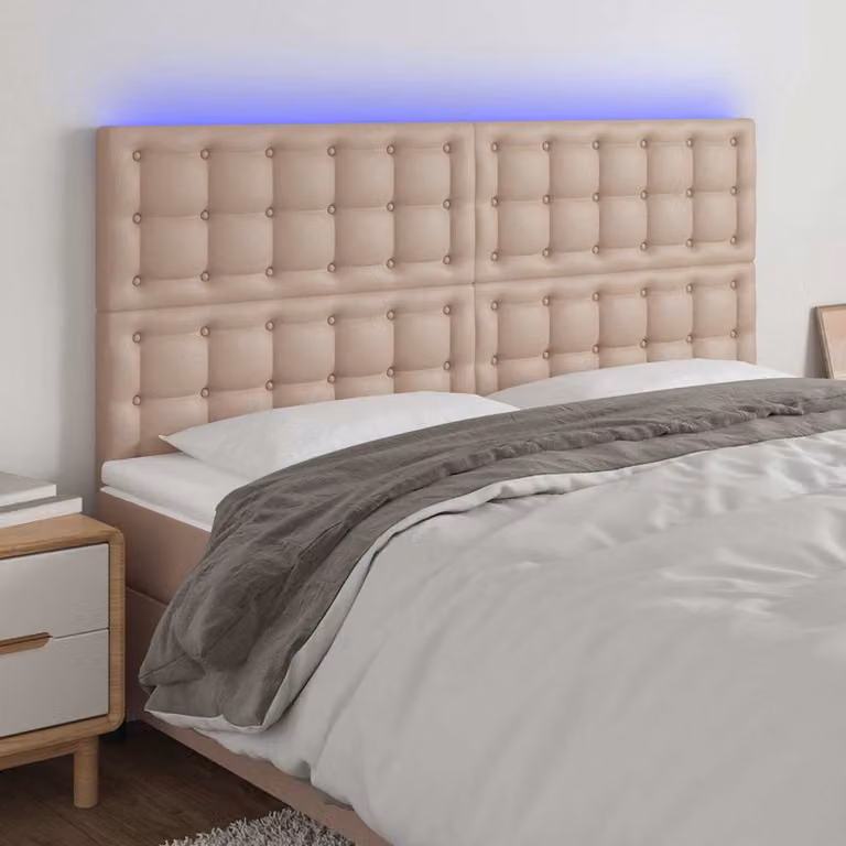 Testiera per letto vidaXL con illuminazione LED e porta di ricarica USB in similpelle beige, L 160 cm x P 5 cm x H 118 cm