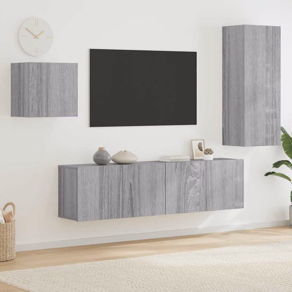 Set di 4 mobili TV da parete vidaXL in legno multistrato e MDF, colore Grigio Sonoma, stile moderno – 1