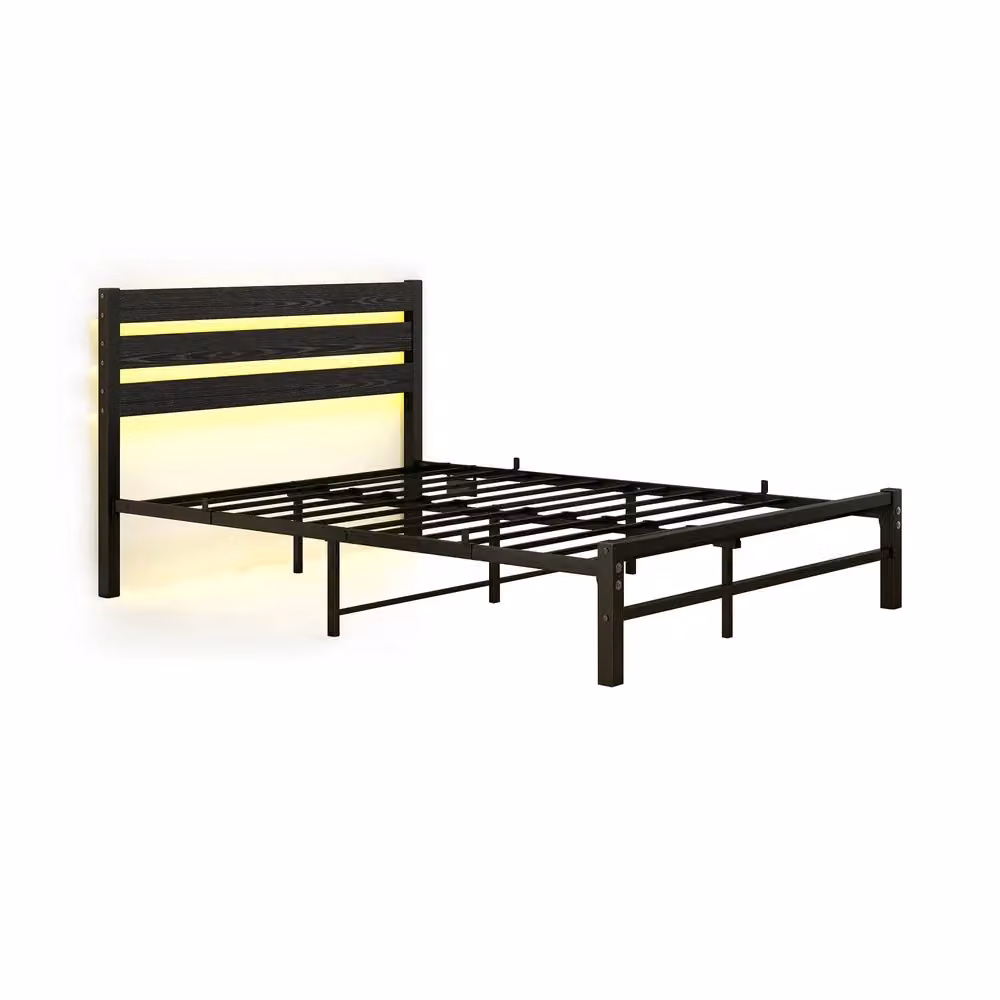 Struttura letto Minimal in metallo nero con testiera, illuminazione LED sottostante e porta di ricarica USB, L/P/H: 140 x 200 x 96 cm – 2