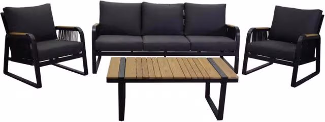 Set da salotto da esterno Vacchetti Idaho con divano 3 posti in alluminio antracite, corda e cuscini grigi e tavolo con top in legno di teak