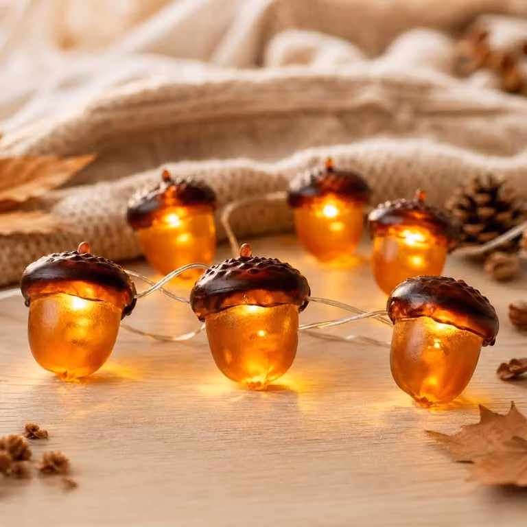 Catena luminosa 3D a forma di ghianda, 2 metri, 20 LED, luce bianco caldo, alimentazione a batteria, decorazione autunnale