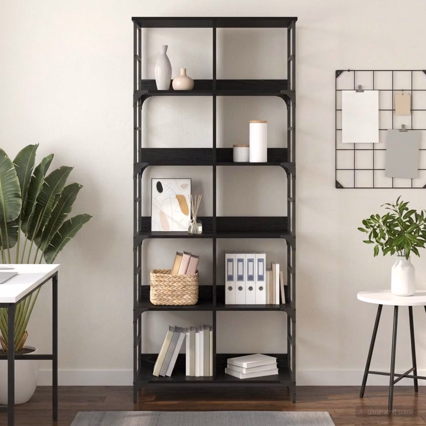 Libreria moderna vidaXL a 4 livelli in metallo e MDF, colore nero e rovere, L: 78,5 cm, P: 33 cm, H: 188,5 cm