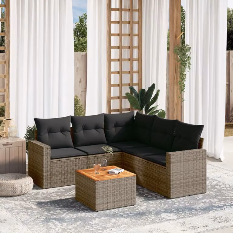 vidaXL Set Divano da Giardino a L in Polyrattan Grigio con 6 Cuscini e Tavolino da Esterno