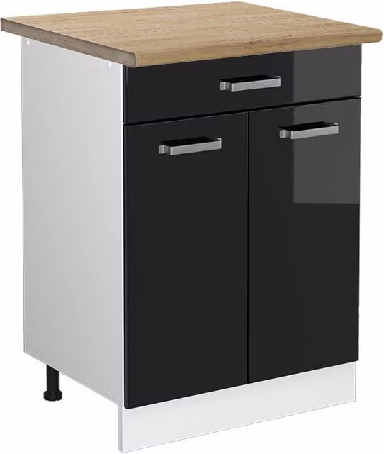 Mobiletto base per cucina R-Line Nero lucido/Bianco 60 cm con cassetto, PL Rovere Vicco