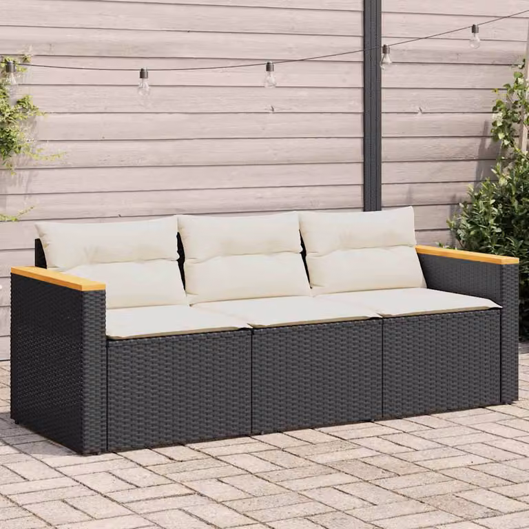 vidaXL Divano da Giardino a 3 Posti Moderno in Polyrattan con Cuscini Imbottiti e Rivestimenti Rimovibili, Nero e Bianco, L: 177 cm, P: 65 cm, H: 66 cm