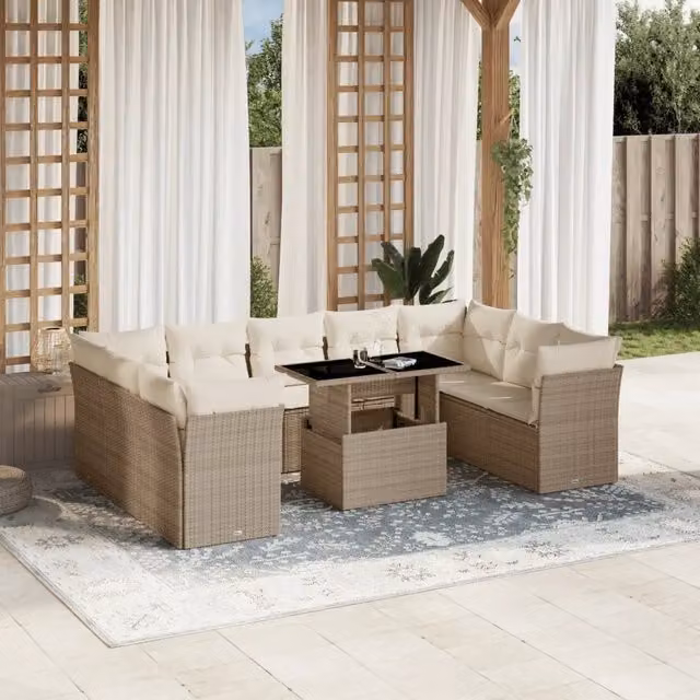 Set Divano da Giardino 10 Pezzi vidaXL con Cuscini Beige e Tavolino in Polyrattan e Metallo per Terrazza o Giardino – 1