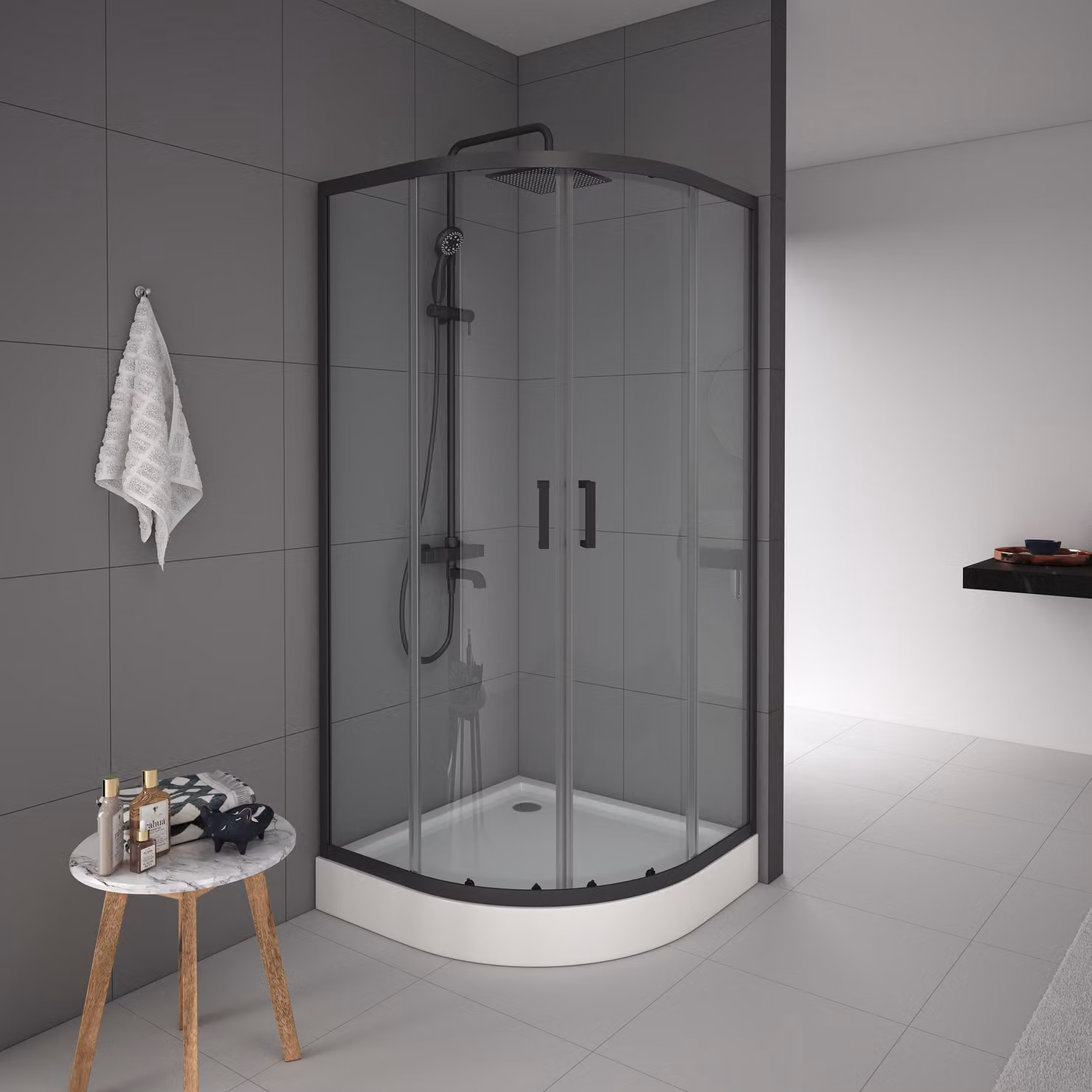 Cabina doccia 90x90 Marwell vetro doccia Factory rotonda, nero, 90 x 90 x 200 cm - Cabina doccia con telaio in alluminio nero opaco - Cabina doccia con porta scorrevole