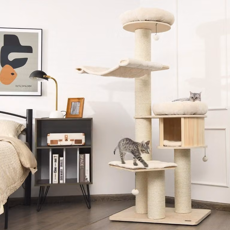Tiragraffi per gatti da 174 cm in legno massello Torre per gatti a 4 livelli naturale