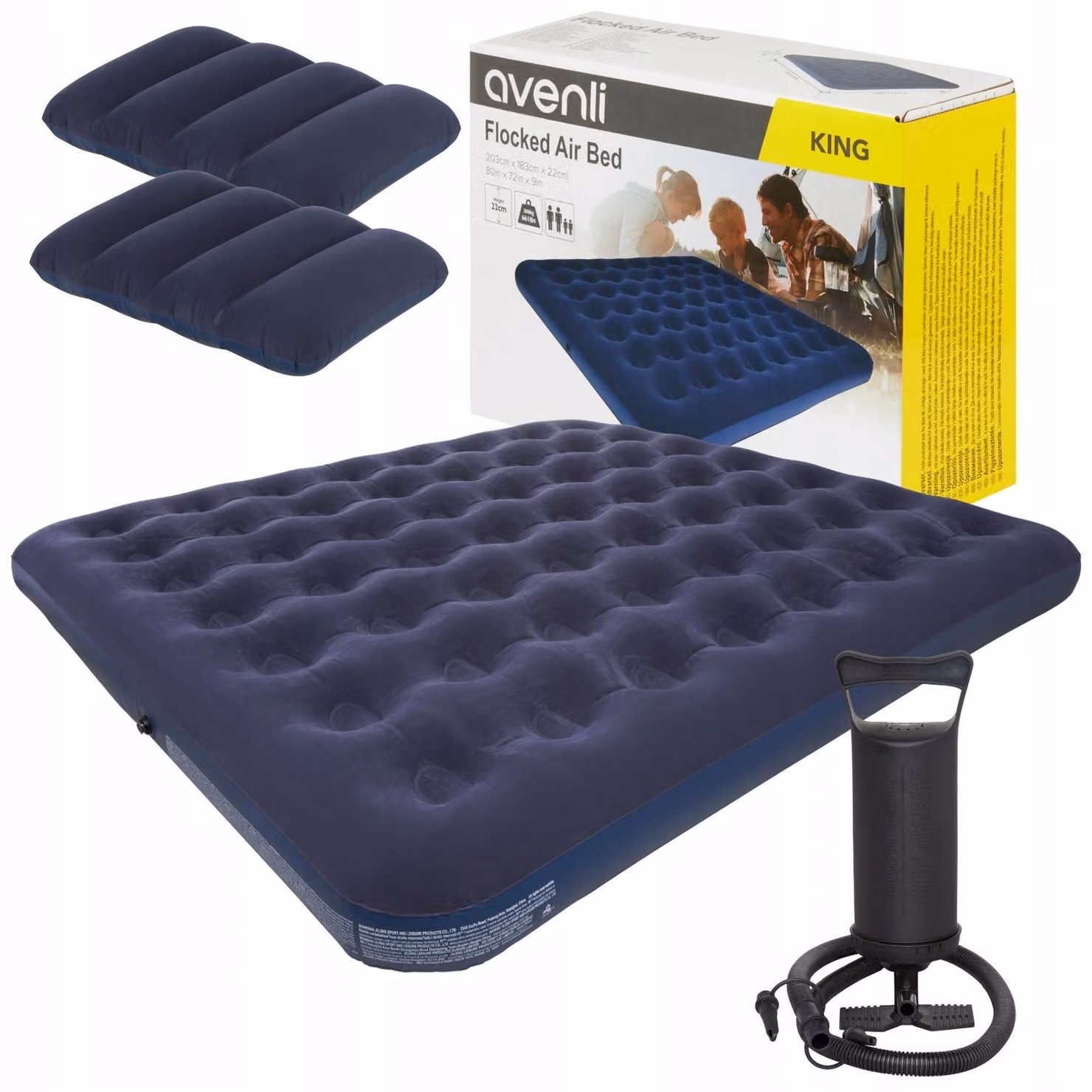 Materassino gonfiabile con pompa e cuscini, Avenli, PVC, 203x152x22 cm, Blu scuro
