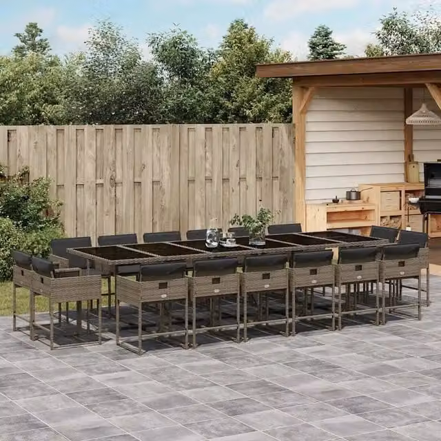 Set da pranzo da giardino vidaXL in polyrattan grigio con cuscini e tavolo in vetro, 17 pezzi – 1