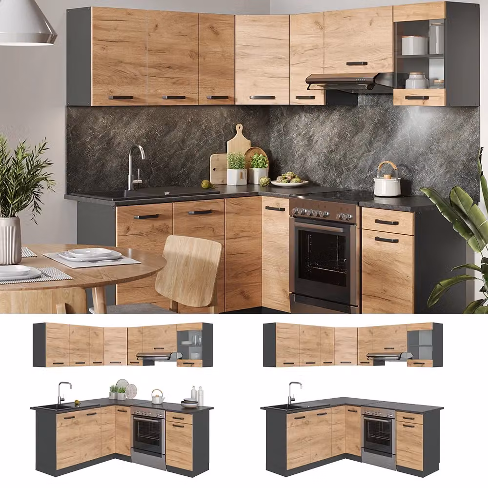 Cucina ad angolo moderna Vicco R-Line in Rovere dorato e Antracite con illuminazione LED integrata L/P/H: 187 x 167 x 81,6 cm – 2