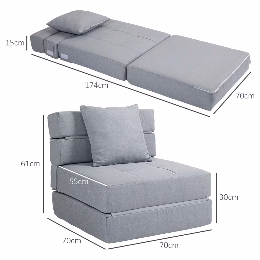 Poltrona letto pieghevole 2-in-1 WISHDOR in tessuto grigio con imbottitura in schiuma, ideale per soggiorno, camera da letto o ufficio in casa – 2
