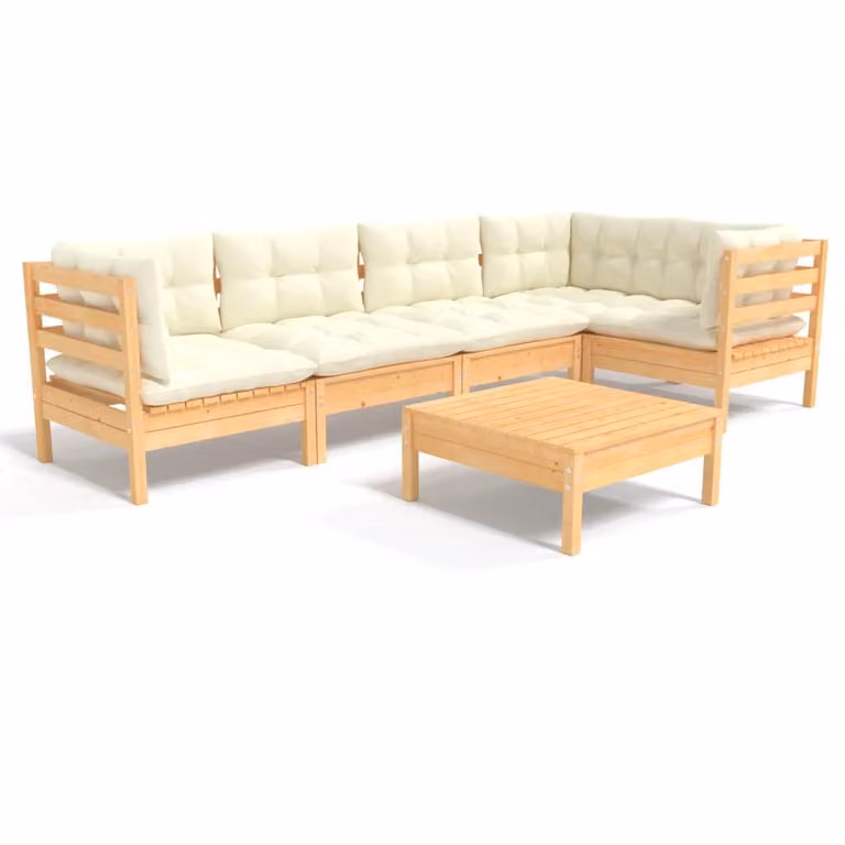Set Divani da Giardino 6 pz con Cuscini Crema in Massello di Pino