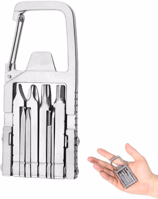 Mini multiutensile: set di attrezzi portatile con 12 funzioni, comprendente pinzette, pinzetta per unghie, supporto per cellulare, cacciavite e moschettone, ideale per il campeggio e le attività all'aria aperta