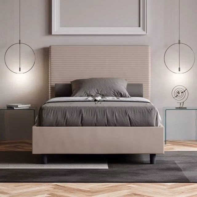 Letto imbottito Focus di ITYHOME in similpelle color beige con rete, L: 125 cm, P: 220 cm, H: 122 cm – 1
