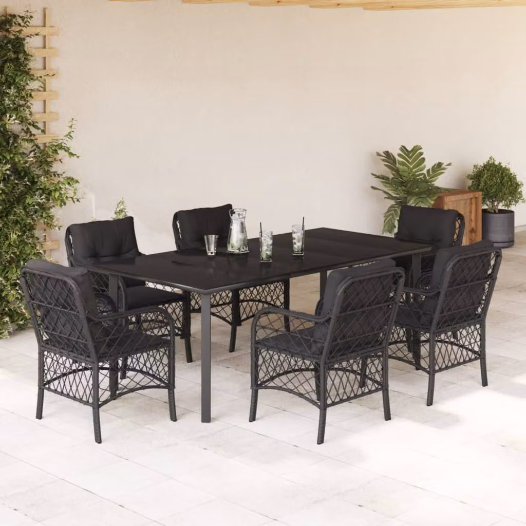 Set da Pranzo da Giardino vidaXL in Polyrattan e Vetro Nero con 7 Pezzi – 1