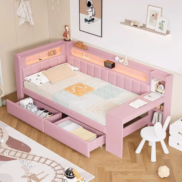 Letto imbottito REDOM Rosa con cassetti, porta USB e illuminazione LED, L/P/H: 90 x 200 x 102.5 cm