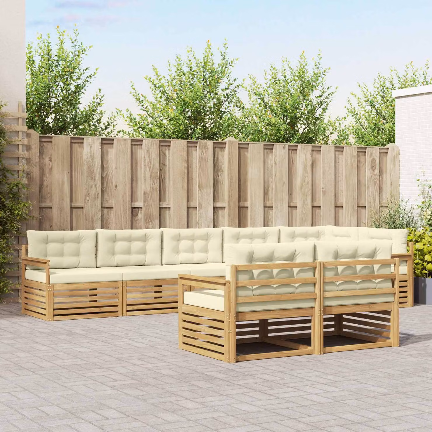vidaXL Set di divani da esterno a L composto da 8 pezzi in legno di acacia con cuscini bianchi e beige