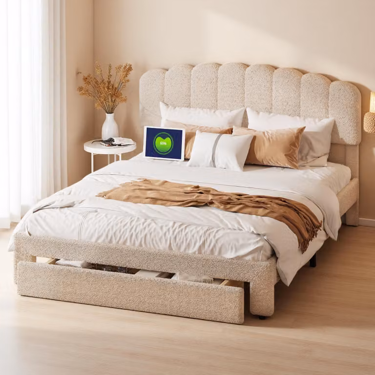 Letto imbottito INONEFT, 140x200 cm, letto per ragazzi con USB e schienale regolabile, letto matrimoniale con 1 cassetto, rivestito in tessuto tipo "teddy", colore beige, senza materasso