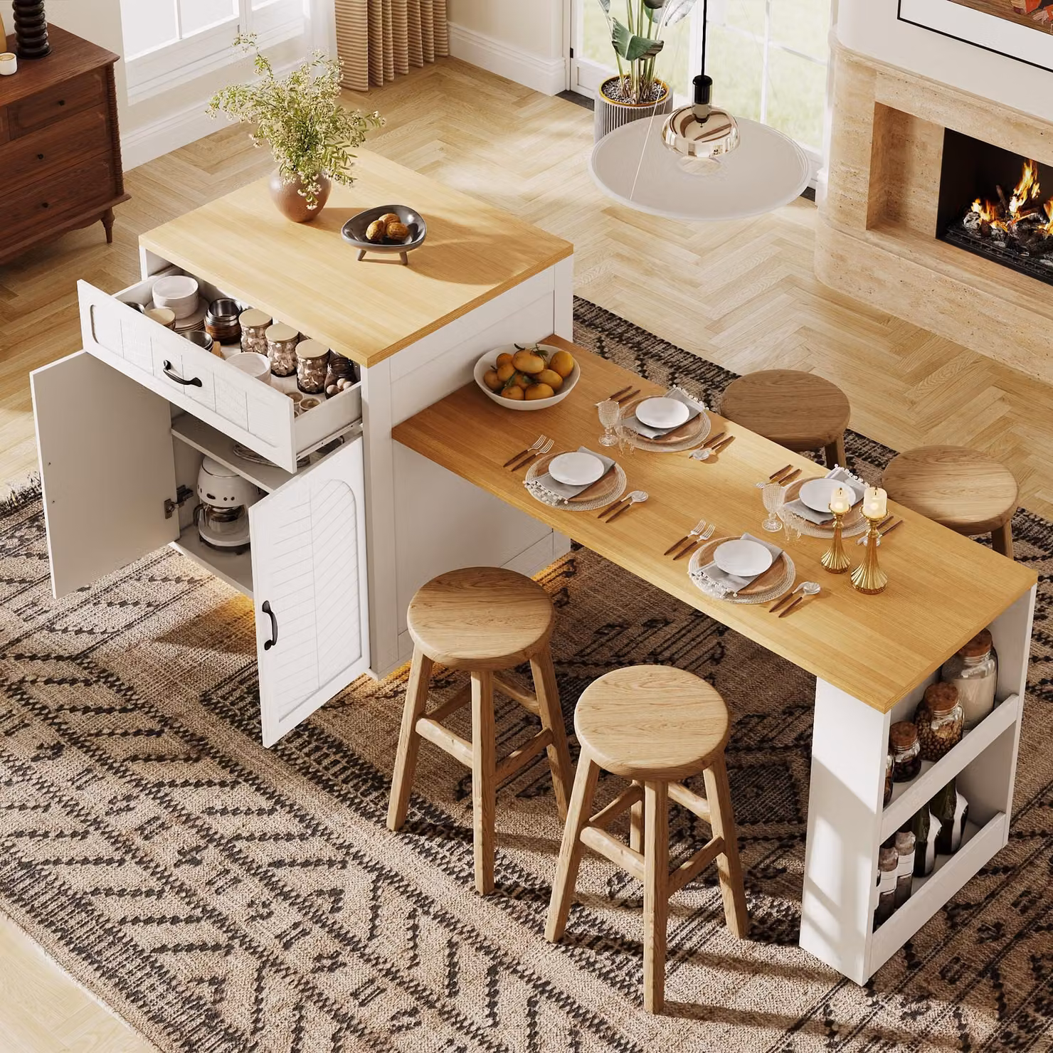 MODFU Credenza, isola da cucina con cassetti e ripiani, mobile bar con striscia LED, mobile da cucina con ampio spazio contenitivo, bianco