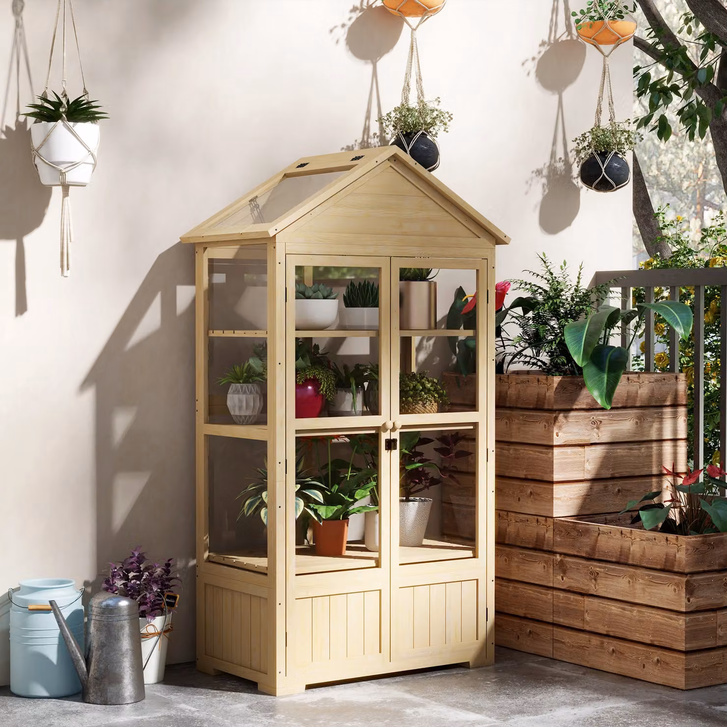 Casetta da giardino Outsunny con scaffale e porta con serratura, telaio in legno di pino e finestre in acrilico, L 100 cm x P 56,5 cm x H 178 cm – 2
