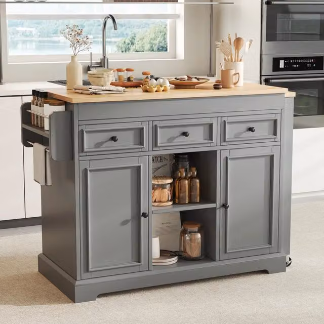 Carrello da cucina con piano estraibile, 3 cassetti e portaspezie, su ruote, per cucina, grigio, 112 × 45 × 92 cm
