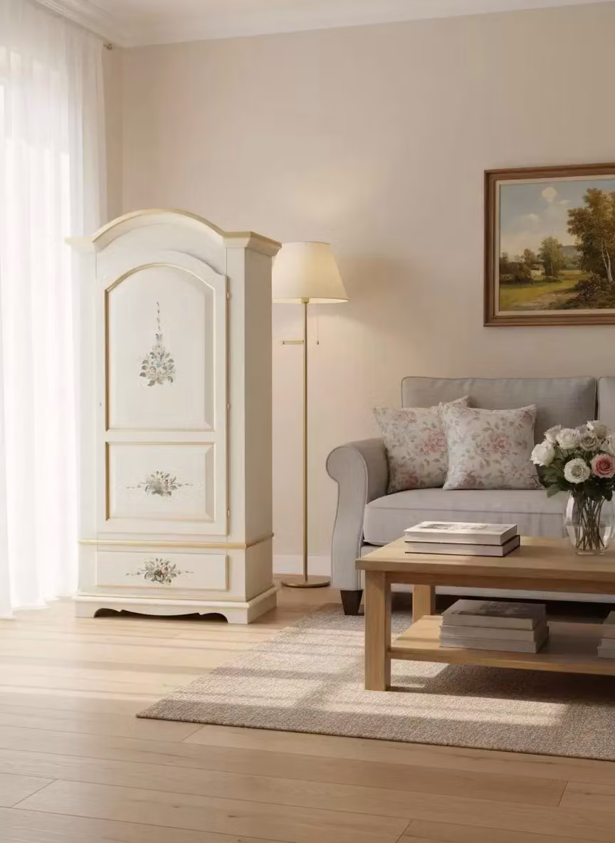 Armadio classico shabby chic con 1 anta e decori floreali in stile avorio e oro Mobili 2G L/P/H: 96 x 56 x 196 cm – 2