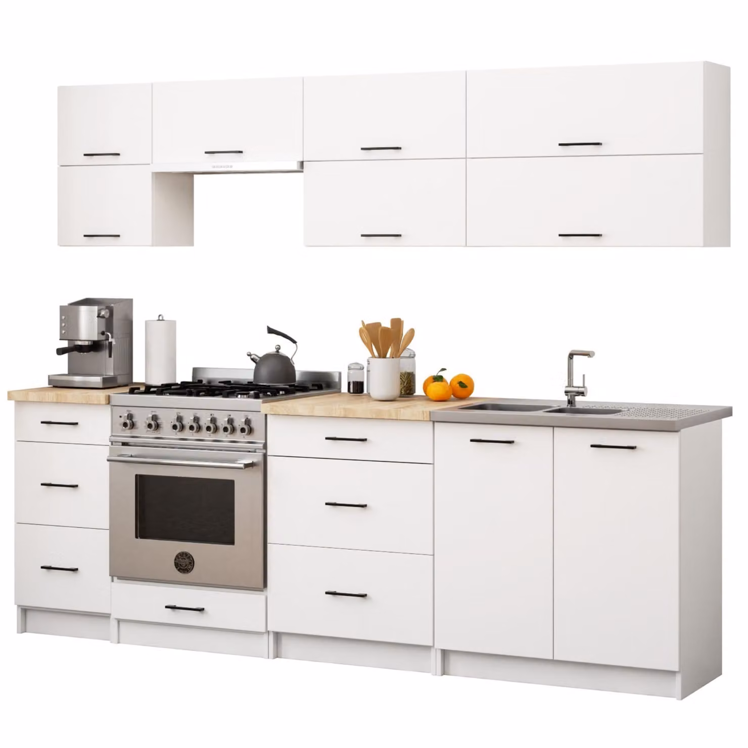 Set da cucina: sei cassetti, dieci ante, nove ripiani, colore: bianco