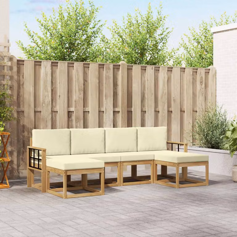 Set di divani da esterno vidaXL 6 pz in legno di acacia con cuscini Bianco, Beige e Marrone