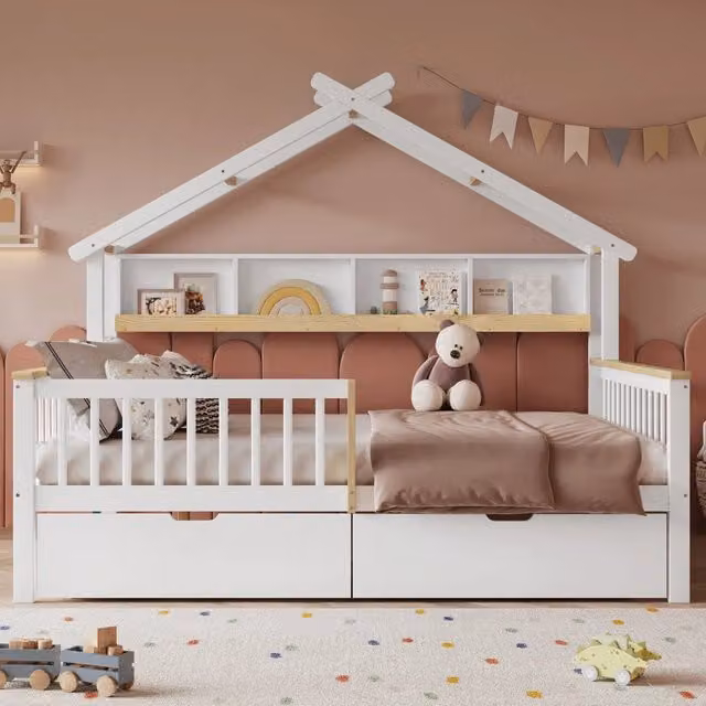 Letto per bambini WISHDOR con design a casetta, sponda di sicurezza e 2 cassetti, struttura in pino e MDF, bianco e beige, L/P/H: 200 x 140 x 146,5 cm