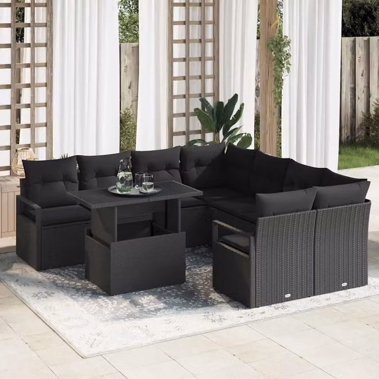 Set Divano da Giardino vidaXL a L con Tavolino, 9 Pezzi, Nero, Polyrattan e Acciaio