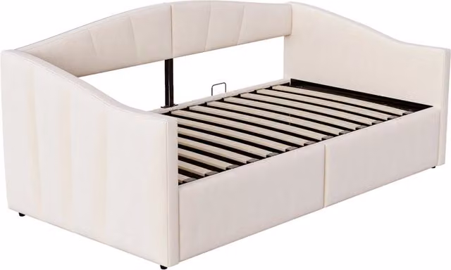 Letto singolo imbottito 90x200 cm con contenitore idraulico, rete a doghe e braccioli, in tessuto vellutato beige a righe classiche
