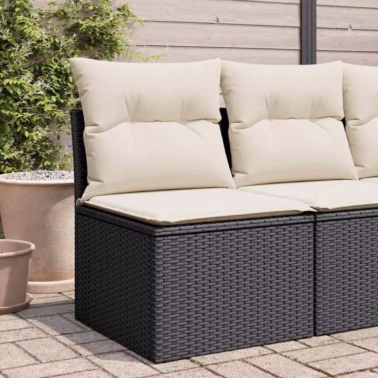 vidaXL Divano da giardino moderno in polyrattan nero con cuscini bianchi e fodere rimovibili