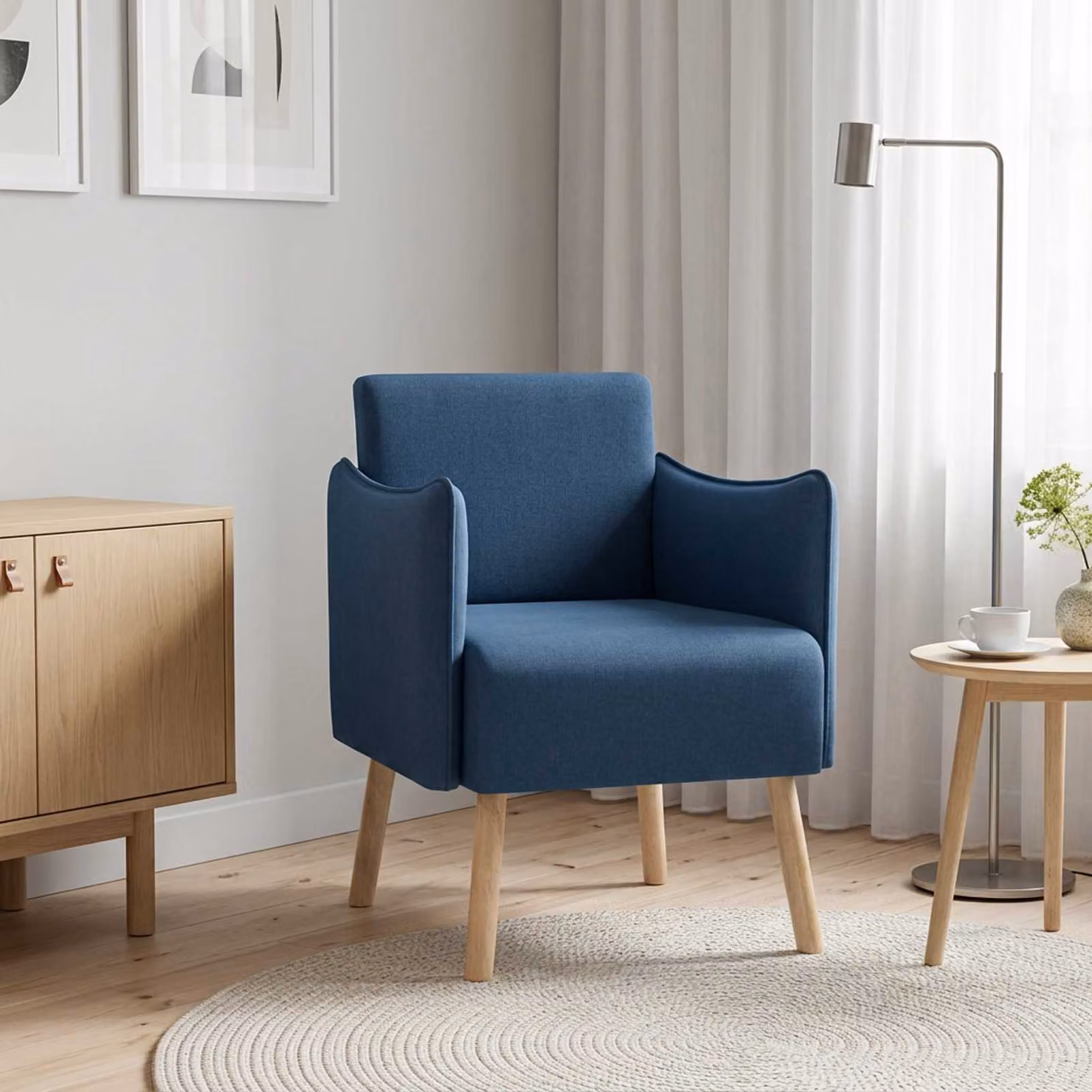 Sedia d'accento moderna vidaXL in tessuto blu con braccioli e struttura mista