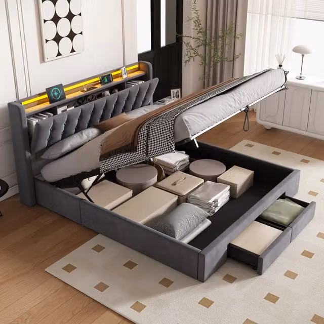Letto matrimoniale imbottito 180x200 cm grigio scuro in velluto con contenitore, cassetti, LED e porta USB