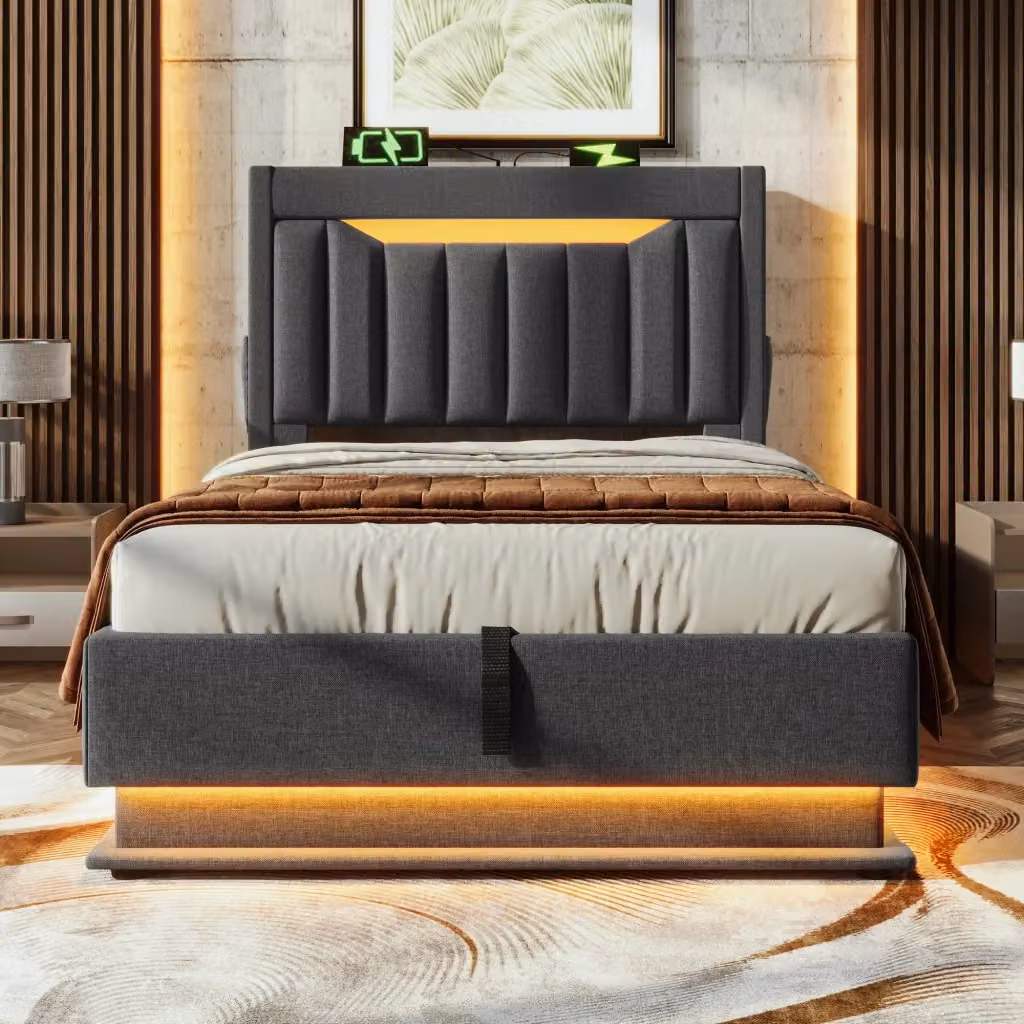 Letto singolo con contenitore e materasso incluso in tessuto grigio a righe, testiera con porte USB, Type-C, luce LED e mensola integrata, L/P/H: 90 x 200 x 45.5 cm – 2