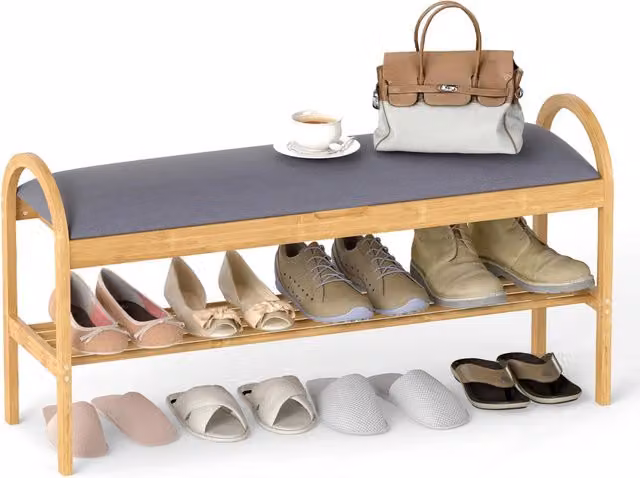 Panca porta scarpe Design Mania in bambù con seduta in tessuto grigio e scomparto nascosto per ingresso e soggiorno