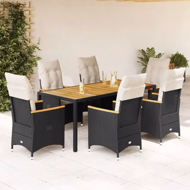 Set da Pranzo da Giardino 7 pz Nero con Cuscini in Polyrattan 3276837
