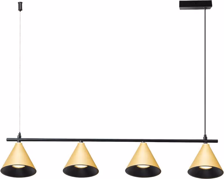 Lampada a sospensione per la sala da pranzo sopra il tavolo, dorata, quattro paralumi conici su una barra, 4xGU10 10W CONE Milagro