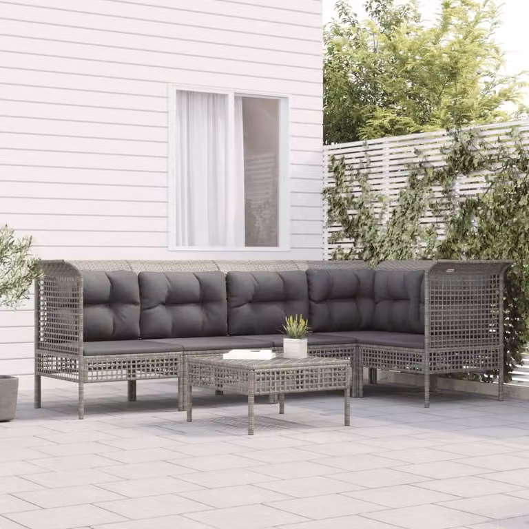 The Living Store Set da giardino da 6 pezzi con cuscini in poly rattan grigio