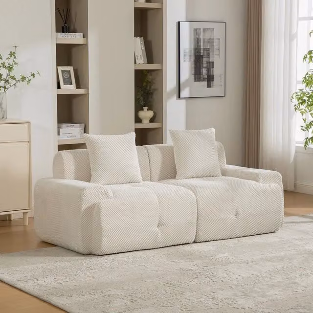 Divano Modulare in Tessuto Chenille ¨C MINIMAL ¨C Beige, Morbido, Cuscini Inclusi