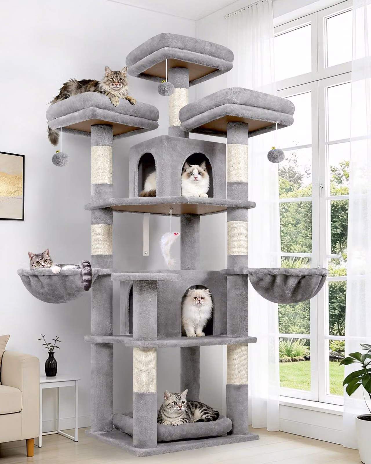 Albero per gatti Kratzbaum, altezza 174 cm, con 3 piattaforme imbottite, 2 casette, 2 ceste, pali in sisal, adatto per 2-4 gatti