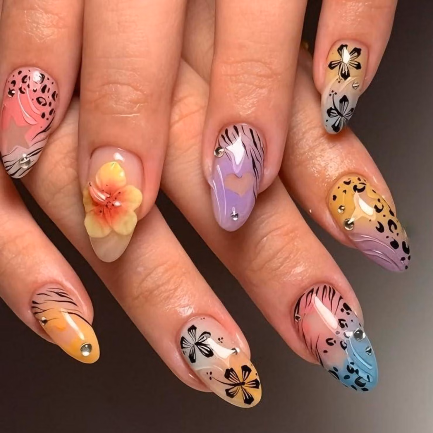 Unghie finte 3D, motivo floreale estivo, motivo leopardo, mix tropicale, confezione da 24 pezzi