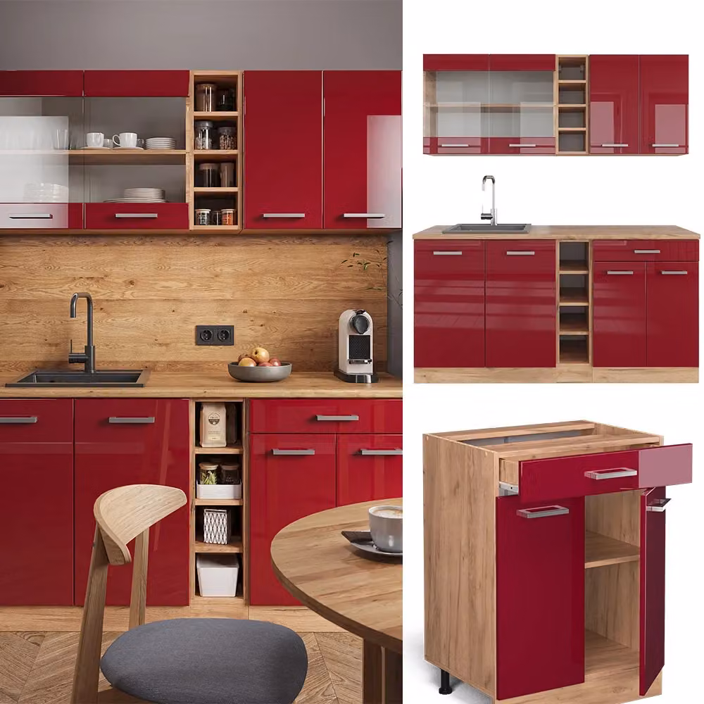 Cucina completa moderna R-Line Vicco in rosso lucido e rovere, L: 160 cm – 2