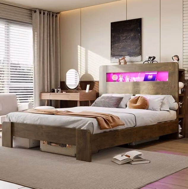 Letto in legno con testiera contenitore, illuminazione LED e prese integrate, piattaforma vintage 140x200 cm