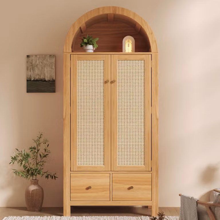 Armadio Flieks con intreccio in rattan, armadio guardaroba con asta appendiabiti e 2 cassetti, armadio angolare 78x45x181 cm, rovere