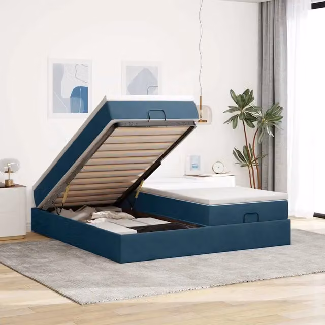 Letto con contenitore a sollevamento vidaXL in velluto blu e bianco con materasso L/P: 160 x 200 cm – 1