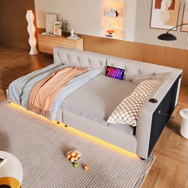 Divano letto singolo 90x200 con rete a doghe; LED a 7 colori; porte USB e USB C; lino e MDF; grigio